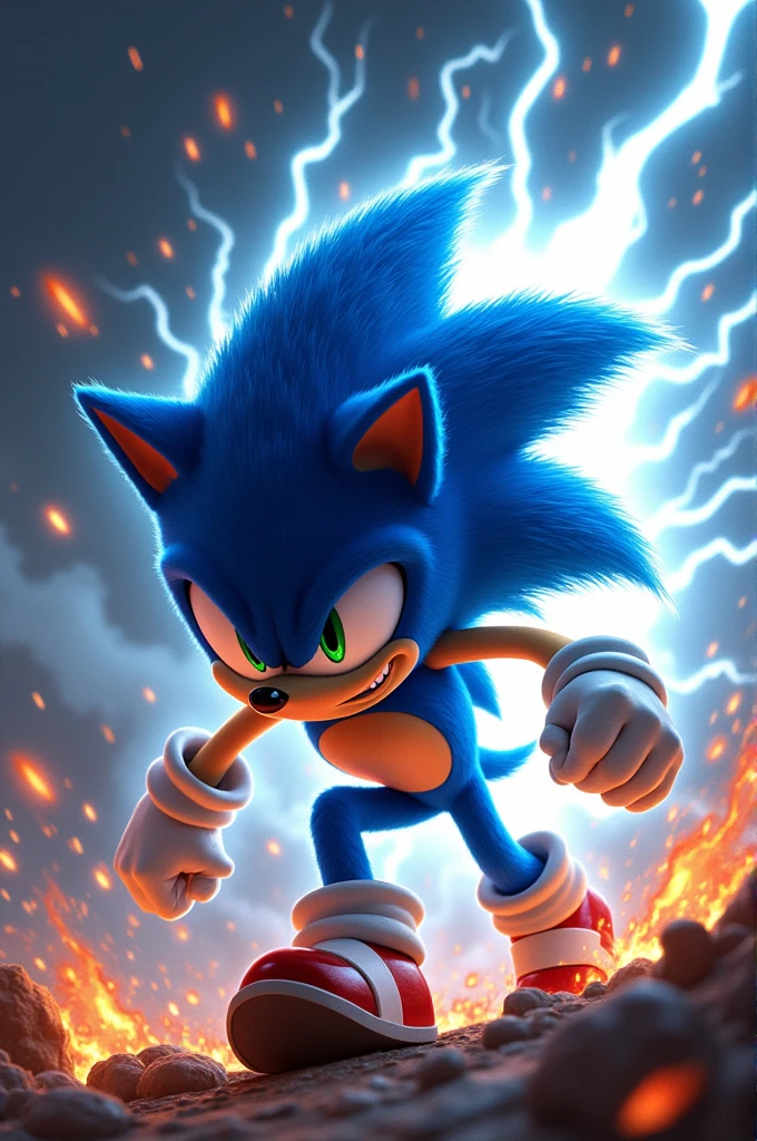 Sonic powerful attack with an explosion on his back 