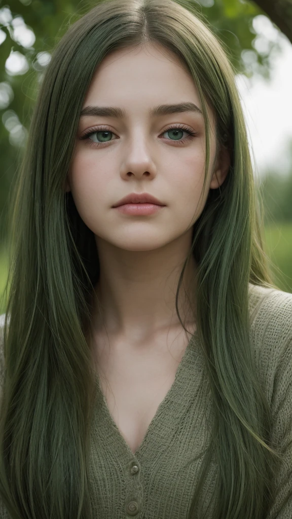 facial portrait. a girl. european. extremely detailed face. oval face. delicate features. deep sadness. half-closed eyes. green eyes. long, straight, very thick hair. green hair. dull expression. frontal. outdoors