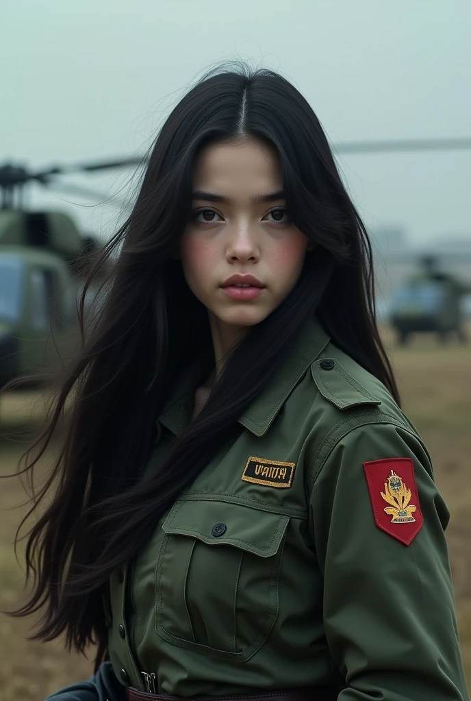 Long black hair white 17 year old girl wearing military uniform, whole body, War Background,Helicopters,Big brown eyes, Science Fiction, dark mood, charturnerv2