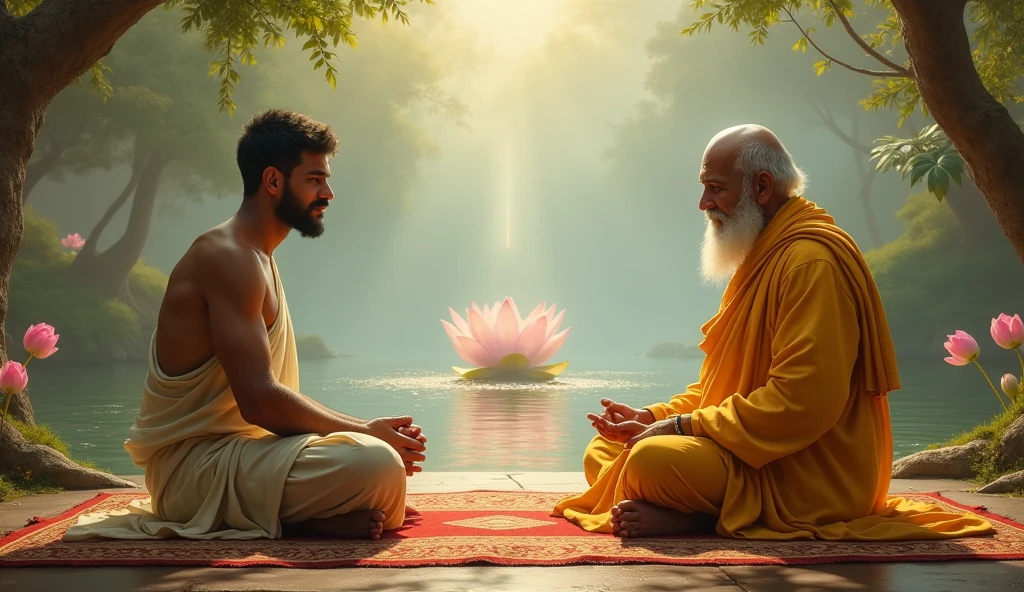 arafed image of a man sitting on a rug with a monk, buddhist, buddhism, on path to enlightenment, wise old indian guru, on the path to enlightenment, hindu stages of meditation, 2 1 st century monk, samsara, inspired by Bapu, karma sutra, enlightenment, love of wisdom, yellow robes, wearing brown robes, bald