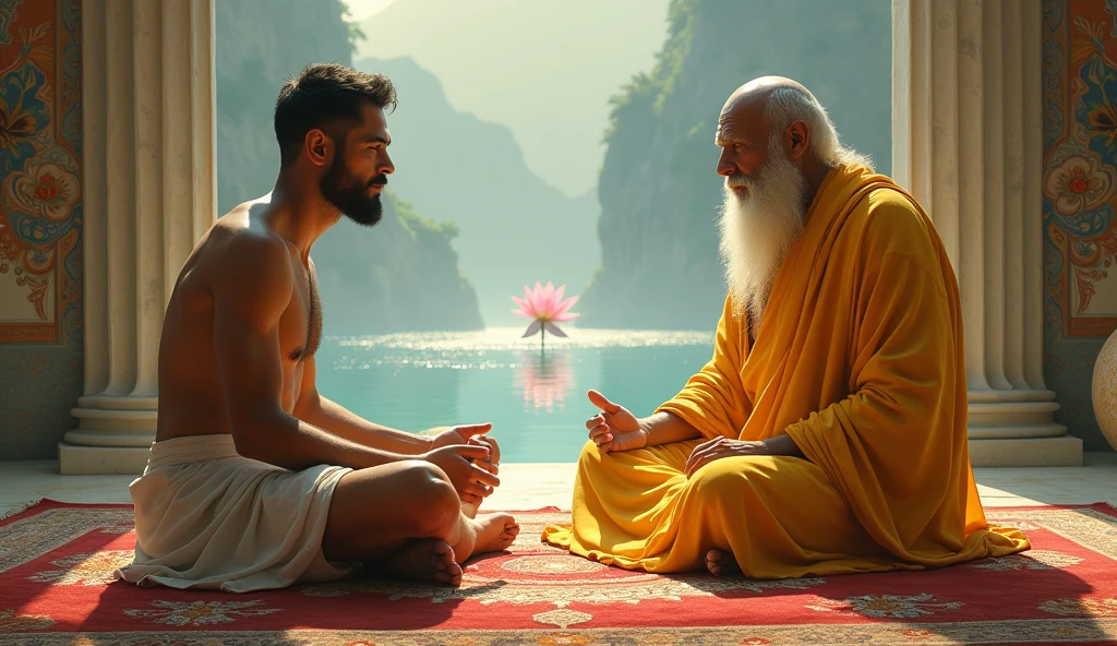 arafed image of a man sitting on a rug with a monk, buddhist, buddhism, on path to enlightenment, wise old indian guru, on the path to enlightenment, hindu stages of meditation, 2 1 st century monk, samsara, inspired by Bapu, karma sutra, enlightenment, love of wisdom, yellow robes, wearing brown robes, bald
