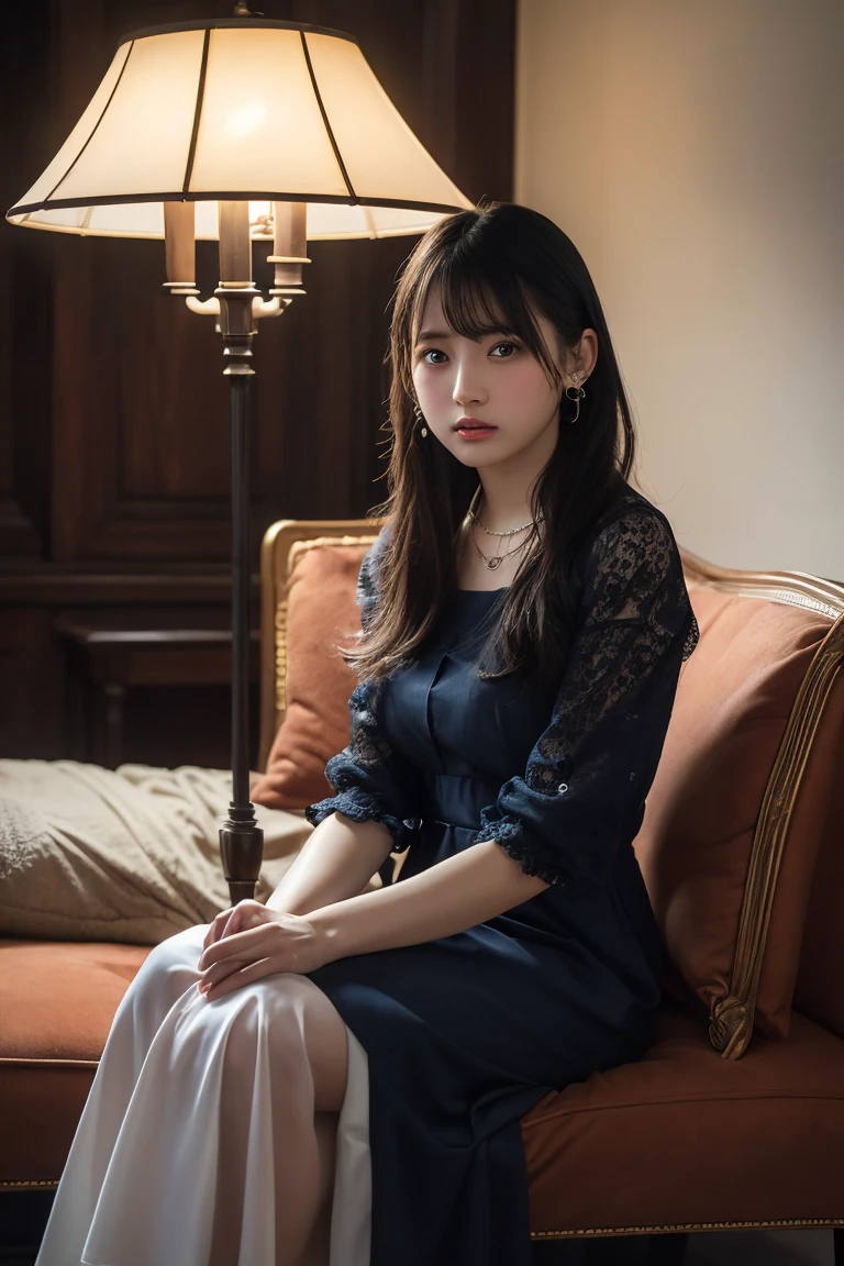 (Highest quality:1.4),(masterpiece:1.4),(Realistic:1.4),(Realistic:1.2),(超High resolution, RAW Photos:1.4),(High resolution, Ultra-detailed:1.2),(8k:1.2),View your viewers,Cinematic photography,One girl,skeletally correct,Black-haired woman,Woman in her early 20s,(Small earrings,necklace,Half-sleeve with frilled sleeves,Long dress),(Western-style building interior,Dimly lit room,The lamplight shines on my cheeks,Sit on the sofa)