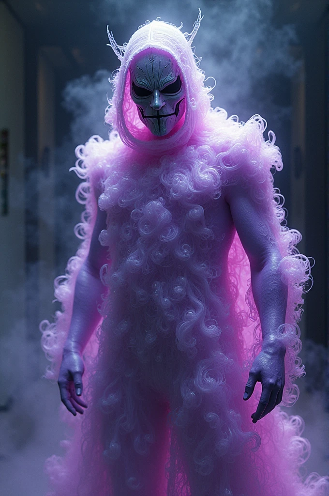 Create a supervillain who wears a costume that mimics potassium bromide in solution, With a purple and silver hue. He wears a shimmering outfit that appears to be made of vapors and mists, He also wears a mask that covers his face, which has a purple tint