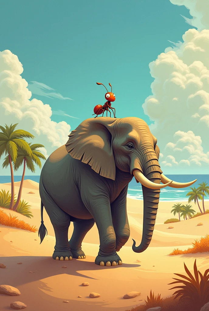 An ant on the back of an elephant, an oasis in the distance, Characters, colorful illustration