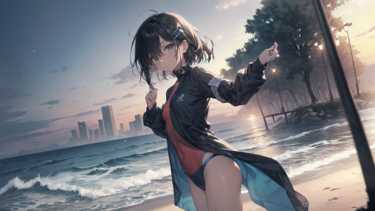 Highest quality, Anime Moe Art Style,Best Anime 8K Konachan Wallpaper,pixiv Contest Winner,Perfect Anatomy, break,(Please draw a picture of a girl in a Swimwear walking on the beach.),break, 1girl is an unlucky beautiful girl,(alone,upon,,:1.3),,Complete limbs, Full Finger,  short hair, amount, (Hair on one eye:1.4),Small breasts, Small Ass, Beautiful attention to detail, Well-proportioned pupils,between legs, Wet, Shiny skin, Cowboy Shot, Hair Clip, Swimwear, At the Beach.break,Super detailed,High resolution,Highly detailed skin, 
Optimal lighting with AI, figure,