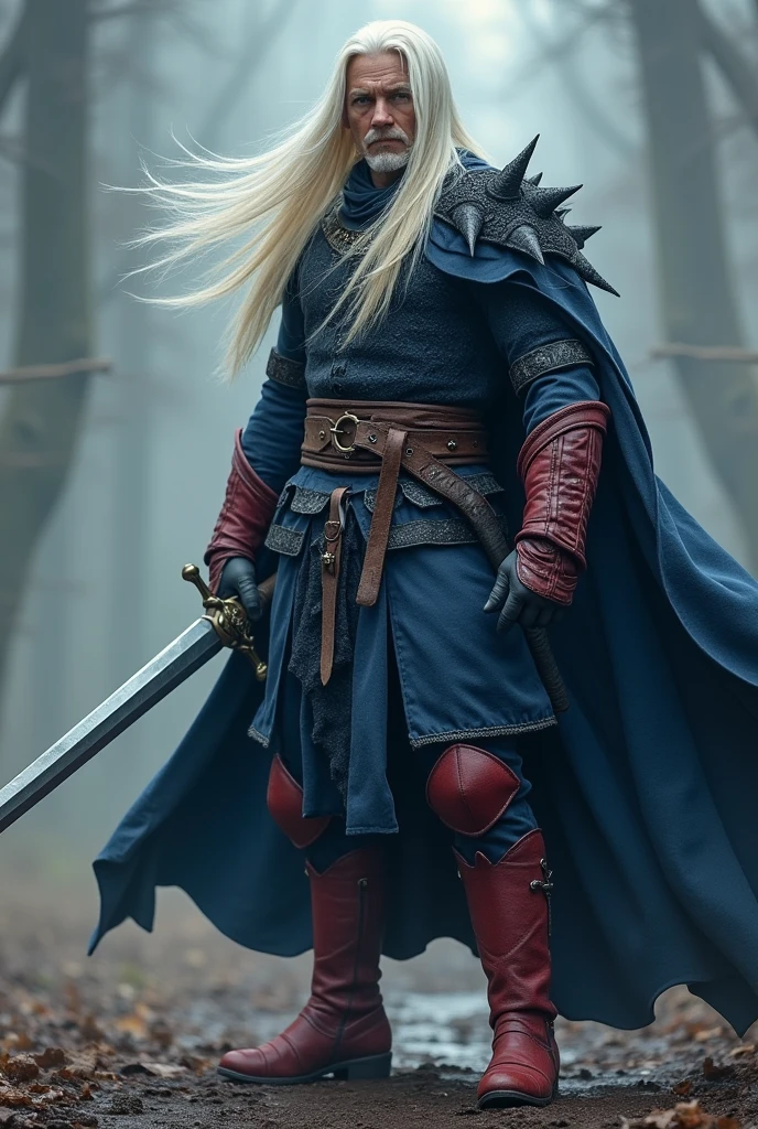 Male warrior with long white hair, Sword in hand, Dark blue warrior costume, There&#39;s a thorn on my shoulder, No cape and red boots, In battle with the magician