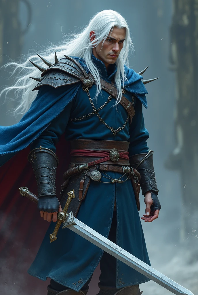 Male warrior with long white hair, Sword in hand, Dark blue warrior costume, There&#39;s a thorn on my shoulder, No cape and red boots, In battle with the magician