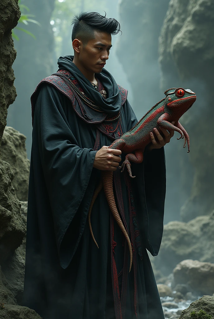 a 25 year old Indonesian man with short undercut hair, wearing a black robe with red details, appears to be standing on a rock, holding a chameleon with fierce red eyes, and beside him is a demons figure whose facial expression looks surprised