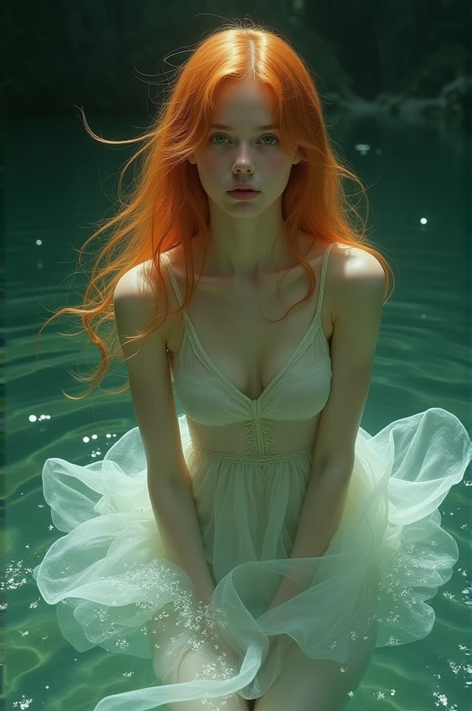 (masterpiece, best quality), ((A girl, solitary, Long hair)), Ishmael_edge, innocent expression, bare arm, Show your shoulders, Bare neck, watercolor, Sundress, liquid clothing, water, wave, water dress, green_theme, night, haze, dark, Be focused, ocean, Transparent dress, Orange Hair