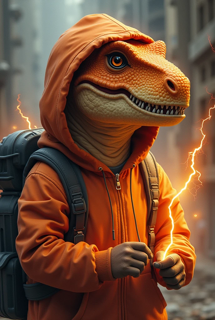 kind orange cartoonish trex in a hoodie engineer working electricity