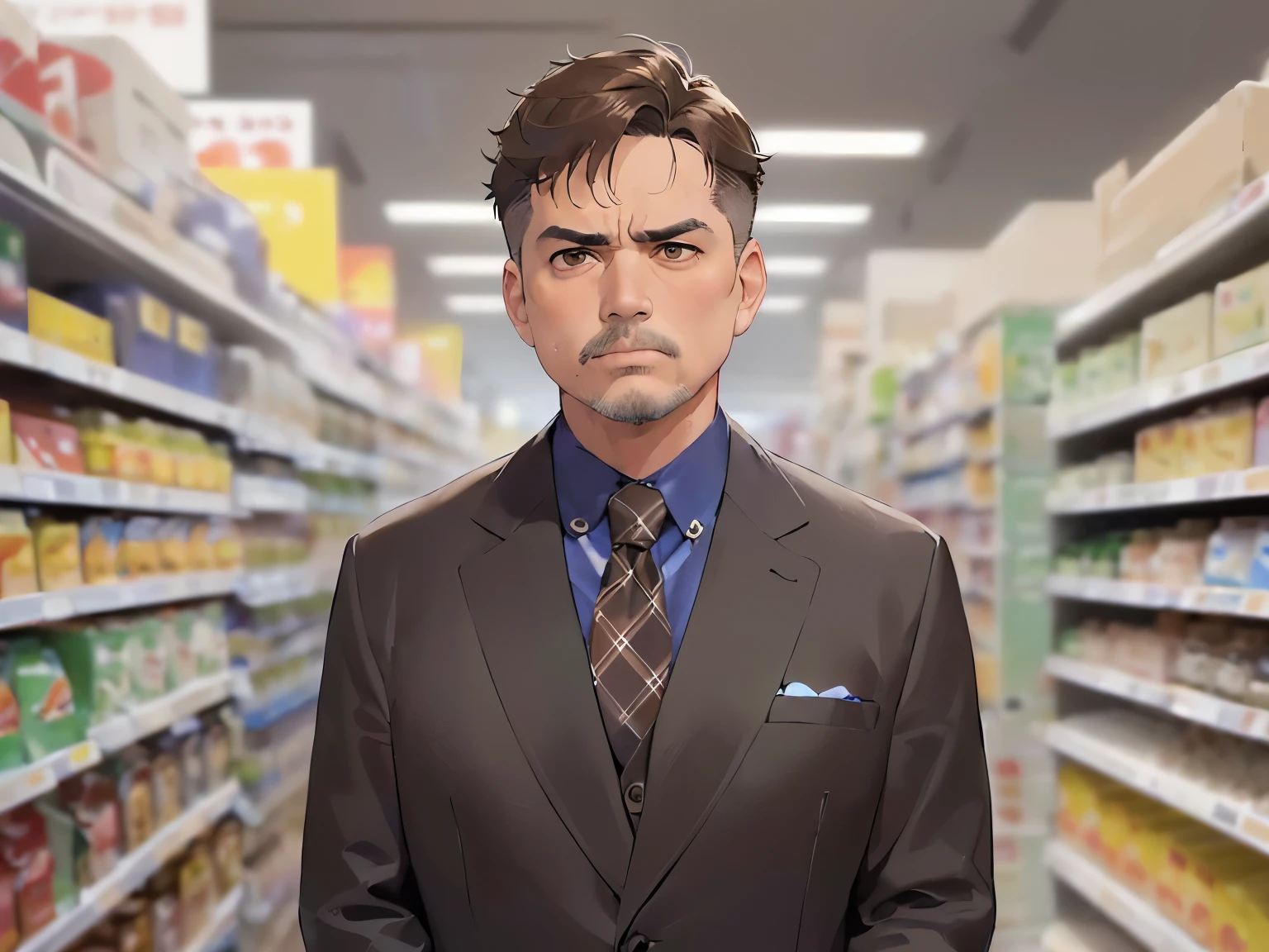 (scowl:1.2), masterpiece、high quality、(A 50-year-old man with brown short hair and brown eyes.:1.5)、Wearing a grey suit、 The background is a supermarket、Alone、Bold composition、Are standing