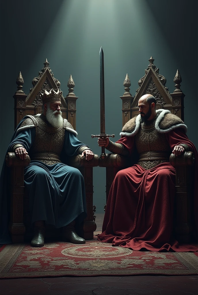 (two kings on thrones,kings holding swords,dark background,highly detailed,award winning,cinematic lighting,dramatic atmosphere,digital art,fantasy art,matte painting,concept art)