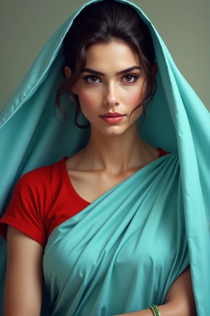 A woman wearing a red blouse and a light blue saree with a green bangle was staring at me