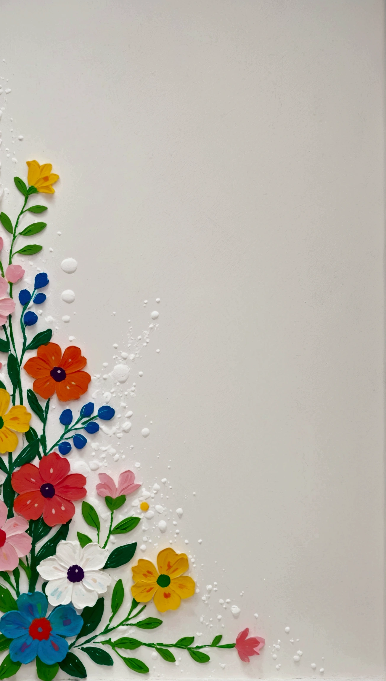 White plaster wall background。Fluid smudge painting，Dot，Colorful flowers，Minimalism，Inspired by the coronavirus。Negative Space Corner Composition