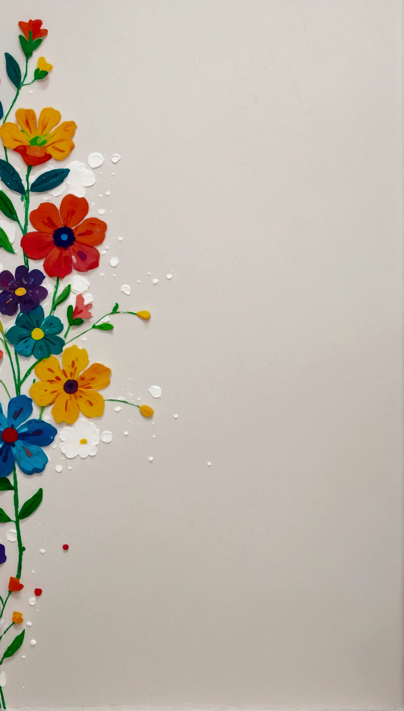 White plaster wall background。Fluid smudge painting,Dot,Colorful flowers,Minimalism,Inspired by the coronavirus。Negative Space Corner Composition