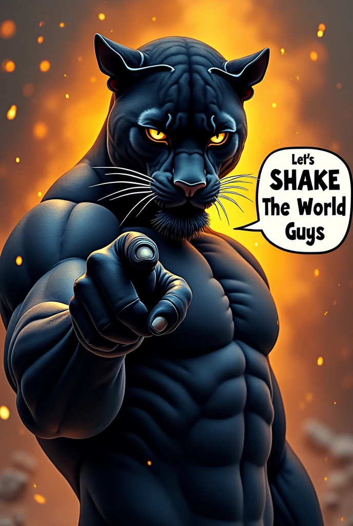 Black panther in his primordial form, a hybrid of human and blackpanther, point his fingers to the viewer, a talking bubble on its right saying "Lets SHAKE The World Guys"