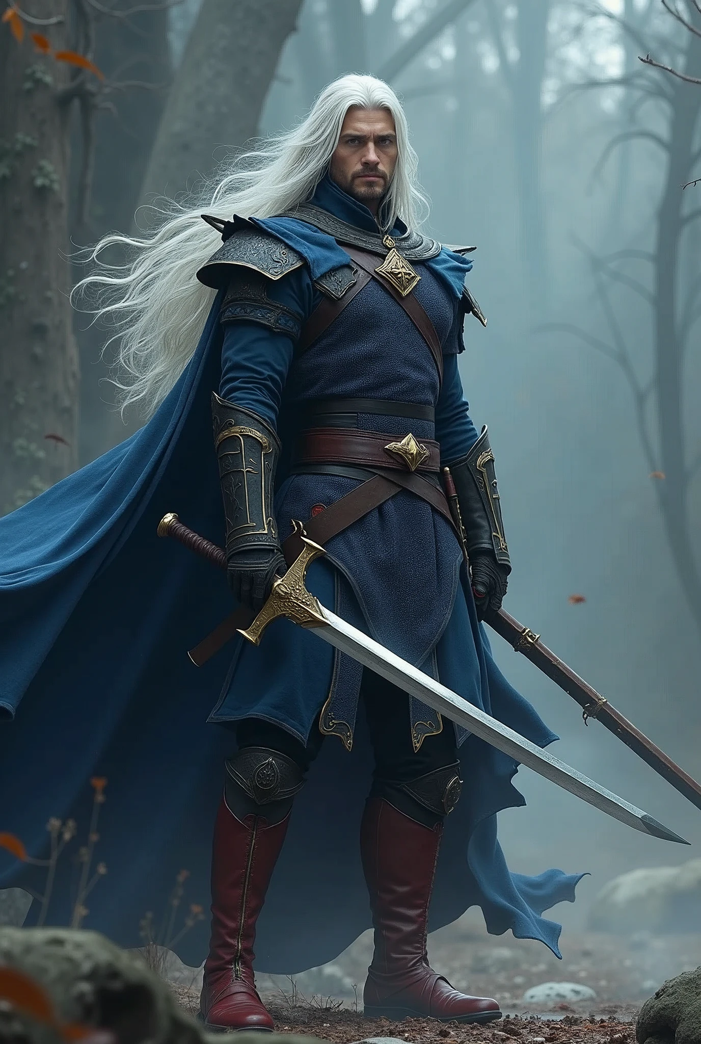 Male warrior with long white hair, Sword in hand, Dark blue warrior costume, There's a thorn on my shoulder, No cape and red boots, In battle with the magician