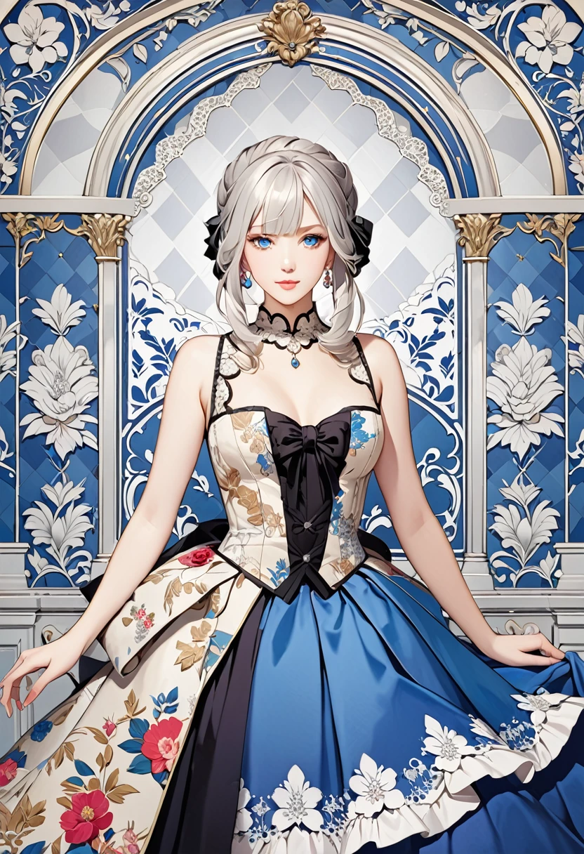 (masterpiece, best quality,ultra highres),An illustration of an european girl's silhouette with traditional french patterns and floral motifs,marie antoinette,silver hair and blue eyes, creating a visually stunning composition on the canvas. The background is adorned with vintage-style elements like lacework details and checkered paper textures. This design adds intricate beauty to your creative projects in the style of traditional french art.