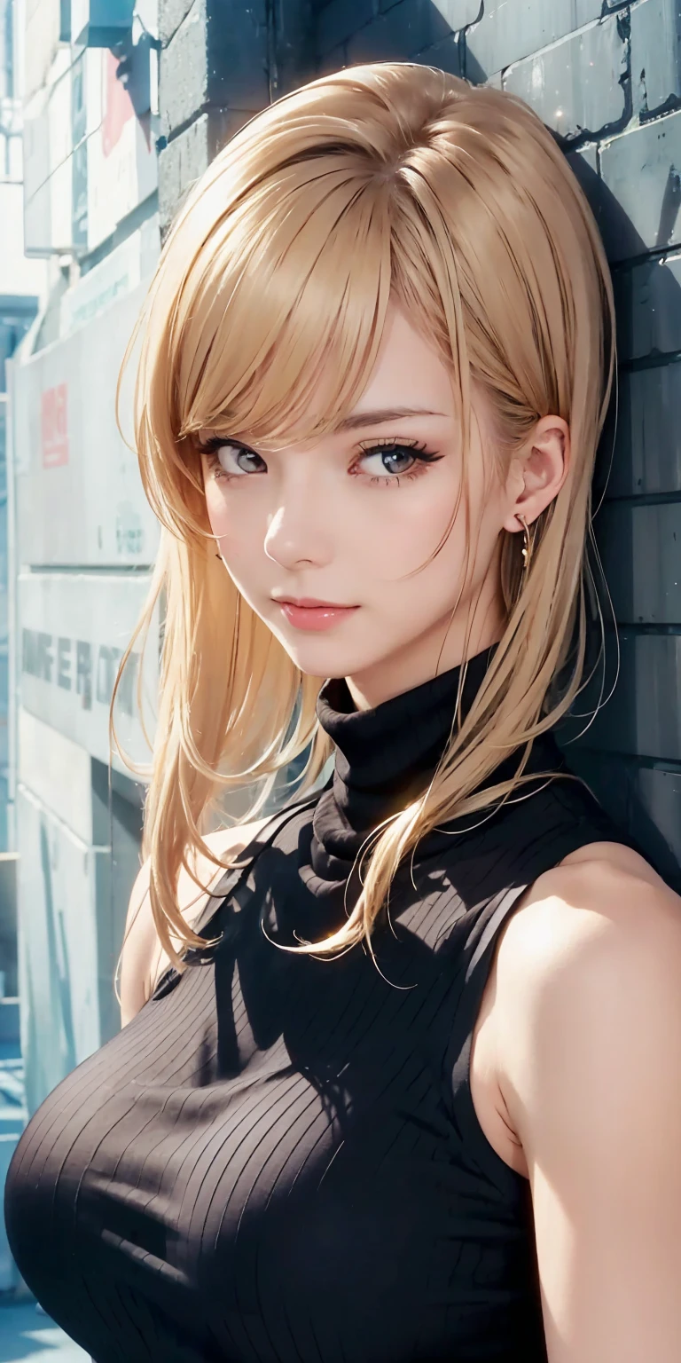 1girl, solo, long_hair, breasts, looking_at_viewer, smile, bangs, blonde_hair, large_breasts, original, brown_eyes, bare_shoulders, jewelry, closed_mouth, upper_body, earrings, outdoors, day, sleeveless, covered_nipples, blurry, sweater, lips, head_tilt, grey_eyes, depth_of_field, turtleneck, blurry_background, hoop_earrings, realistic, sleeveless_turtleneck