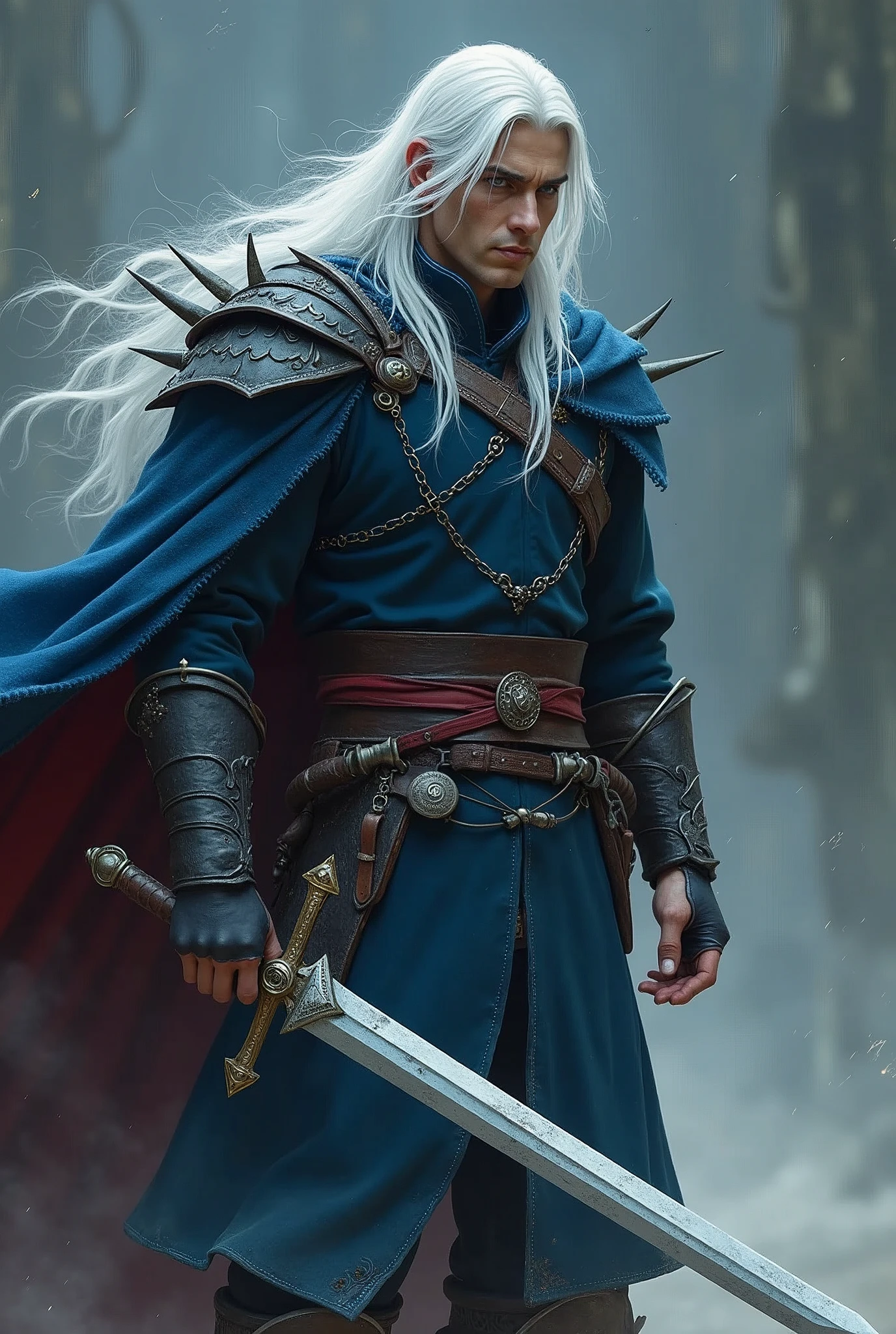 Male warrior with long white hair, Sword in hand, Dark blue warrior costume, There&#39;s a thorn on my shoulder, No cape and red boots, In battle with the magician