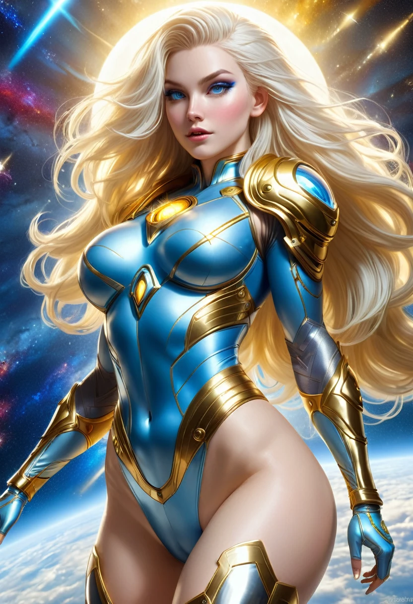 BOMBSHELL BLUEHAIR VALKYRIE FLYING OUTERSPACE, , PALE SKIN, YELLOW EYES, HIGH CHEEKBONES, ROSY CHEEKS, MENTAL FORAMEN, HUGE LONG HAIR,LIGHT BLUE THONG LEOTARD ARMOUR, , LONG GOLD GAUNTLETS, ATHLETIC CURVY BODY, EXPOSED ARMS, DETAILED QUADRICEPS, MUSCLES, BACK BODY VIEW,  GOLD SHOES, FULL BODY PERSPECTIVE, SPRITE LIGHTINGS, OUTERSPACE, RAYS OS LIGHT, SUN, BACK LIGHTS, NIGHT SKY, ACCURATE IMAGE, MASTERPIECE.