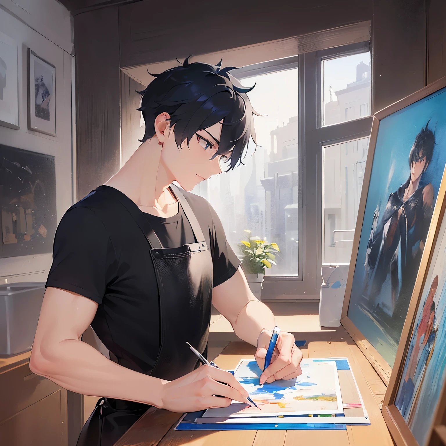 (avert your eyes:1.5),Upper Body、Side Shot、Setting up a canvas、(Mixing on a paint palette:1.5)、
Glowing Skin, masterpiece、Highest quality、
(25-year-old male:1.5) and (Black short hair) and (blue eyes),
(Black T-shirt)、apron、canvas、
Severe,Art room