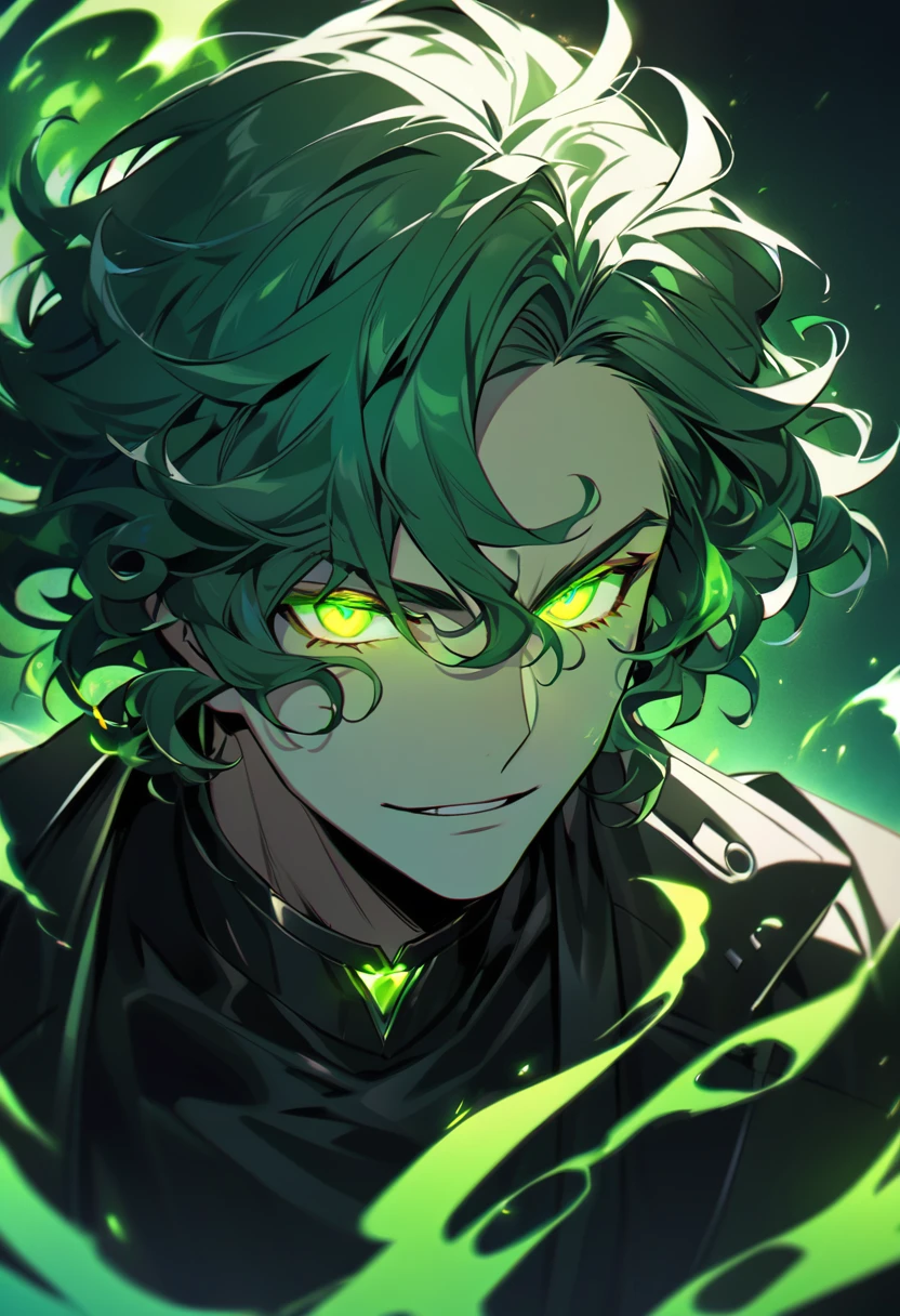 male, solo, handsome, green eyes, green hair, short hair, curly hair, glowing eyes, dark green aura, cool, villian