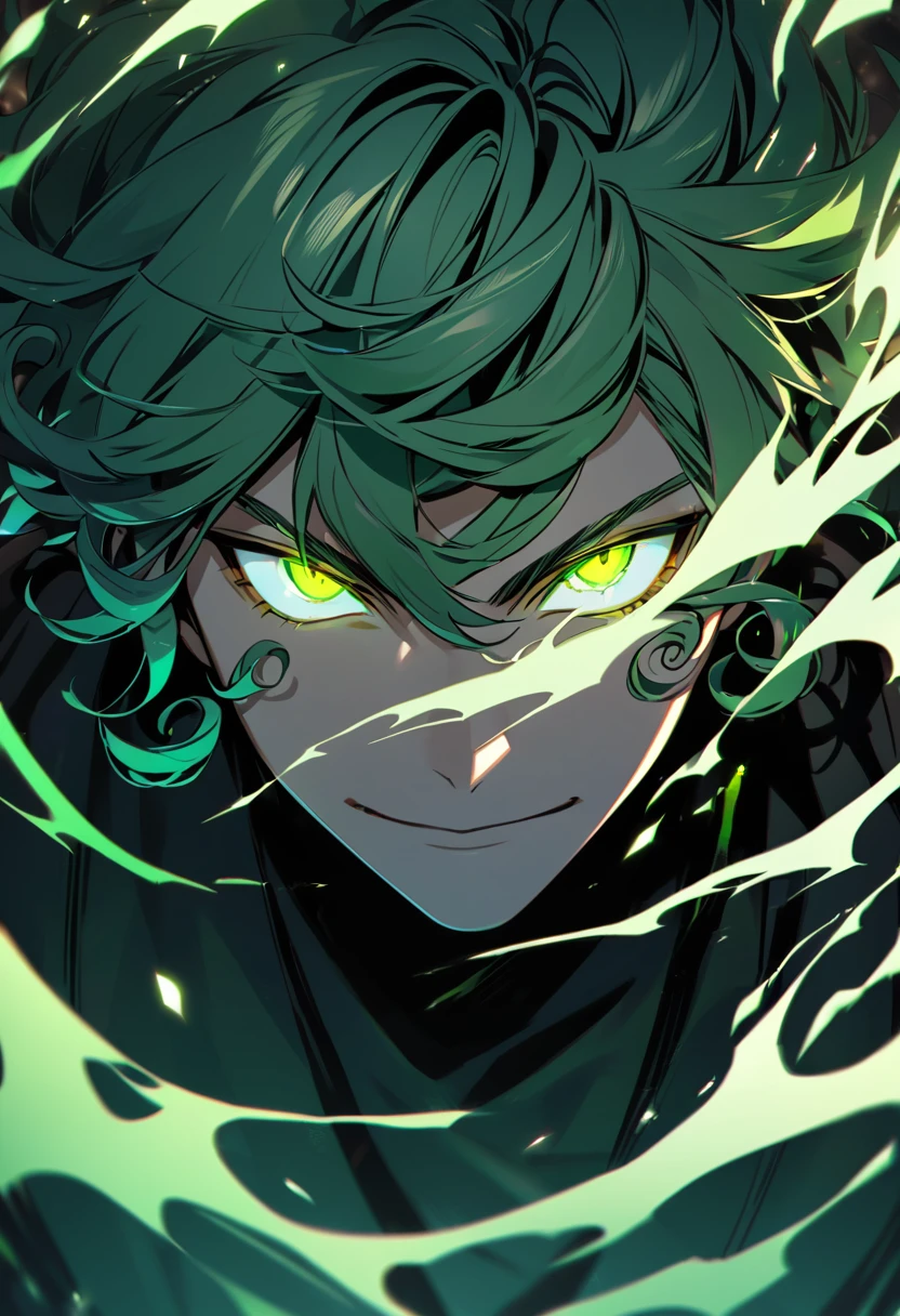 male, solo, handsome, green eyes, green hair, short hair, curly hair, glowing eyes, dark green aura, cool, villian