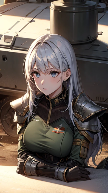 Armored tank, tank, beautiful woman in military uniform next to tank