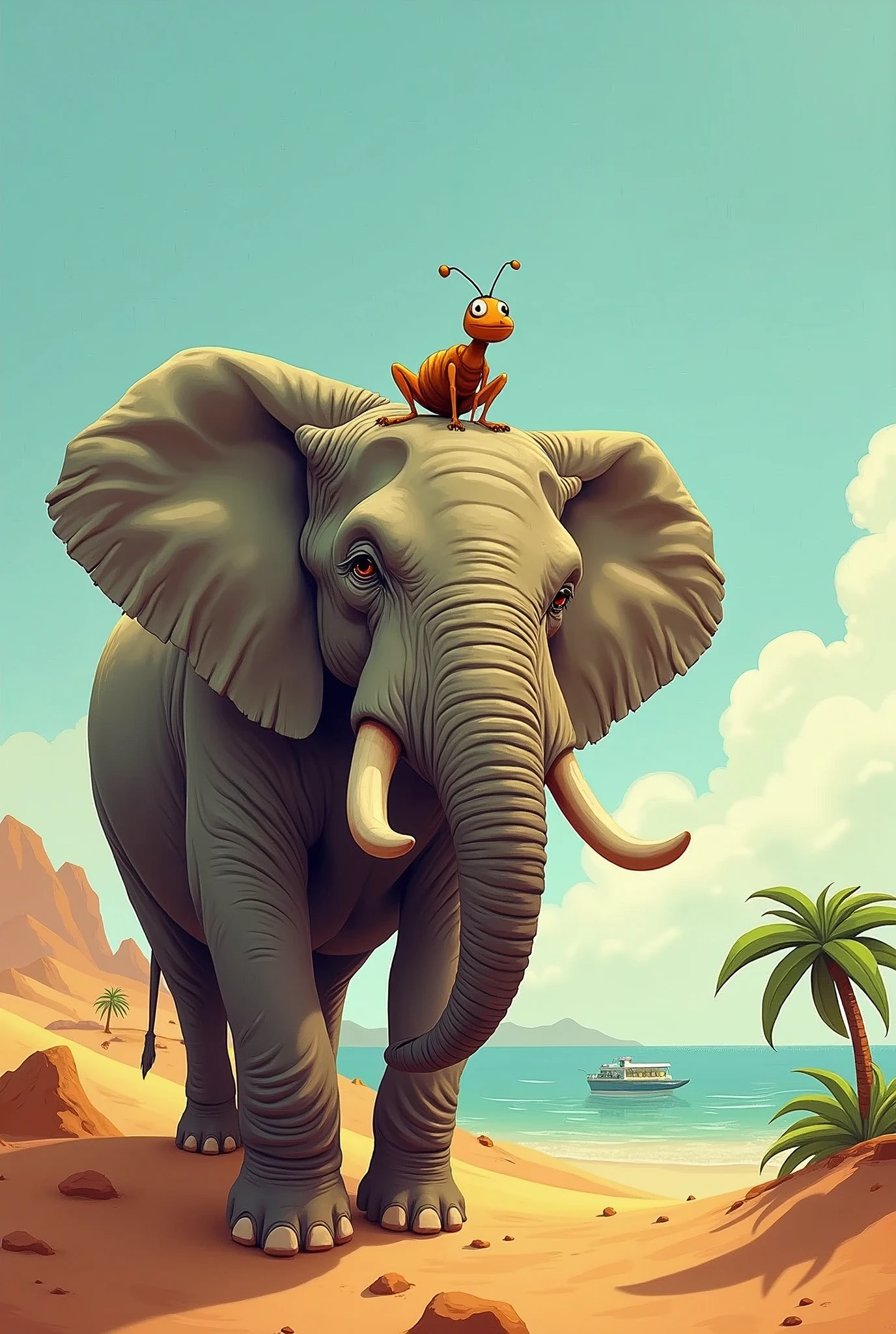 An ant on the back of an elephant, an oasis in the distance, Characters, colorful illustration