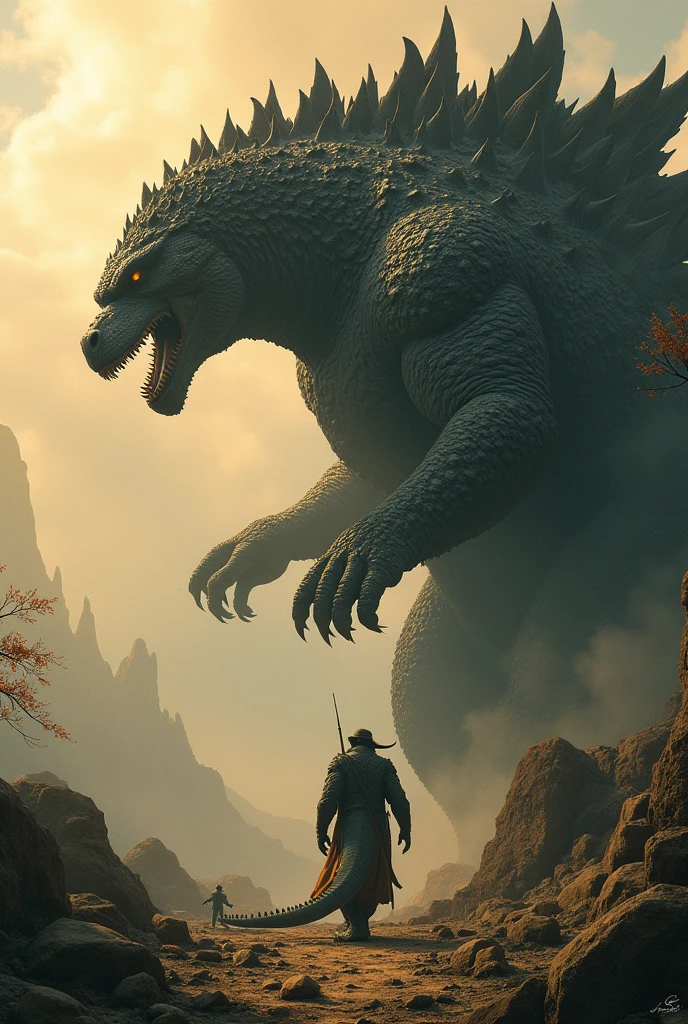 (photorealism:1.2), Godzilla vs. Kong, realistic, intricate details, warm colors, by Greg Rutkowski, by Alphonse Mucha