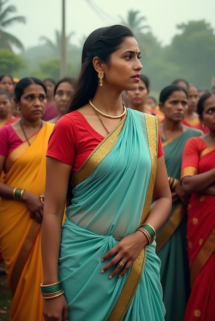A woman wearing a red blouse and a light blue saree with a green bangle was staring at ಮೆ village women