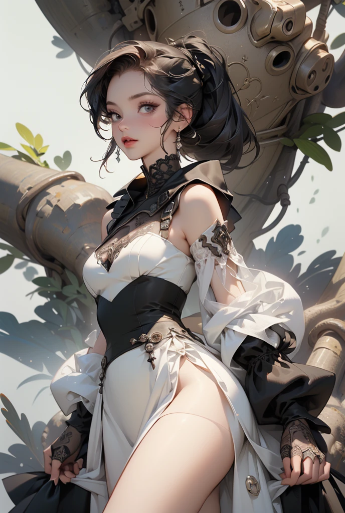 (((masterpiece, of the highest quality, super detailed))), (digital art), (a witch belonging to an occult order of knights), (a knight crossed with a witch), Victorian era inspired, ((minimal but intricate beautiful armour)), (Fluttering lace flared dress with frilly petticoats), ((Bloodbourne inspired)), ((nier automata inspired)), (big forhead:1.2), (((dark hair, long ponytail, thick ponytail, heavy ponytail))), (((Very sharp focused eyes))), ((small breasts)), very long eyelashes, occult aesthetic, (red and white clothing detailed and intricate steampunk and detailed gothic), (with a hood), complex lace boots,