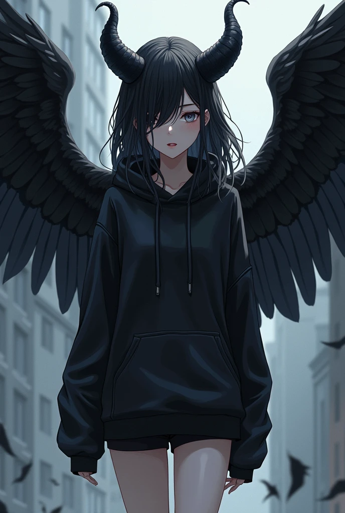 Black hoodie、Shorts、Anime Style、Female 15 years old、Black wings like a crow on the back、Black devil-like horns growing from the forehead