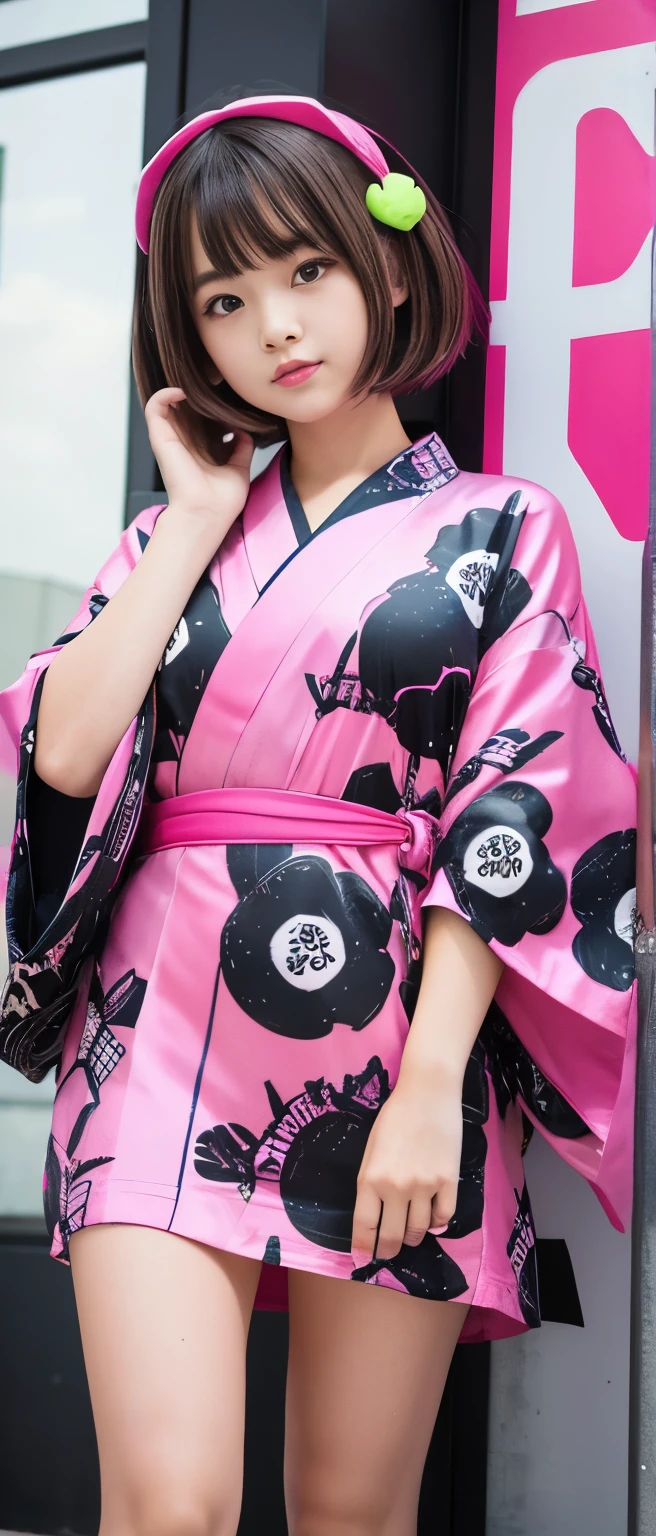 Cute Teen Idol Girl、whole body、Good style、、、、、、、、、、Thick legs、Skull Print Kimono Dress（Fluorescent Pink）、Cool girl face、、、Bobcut