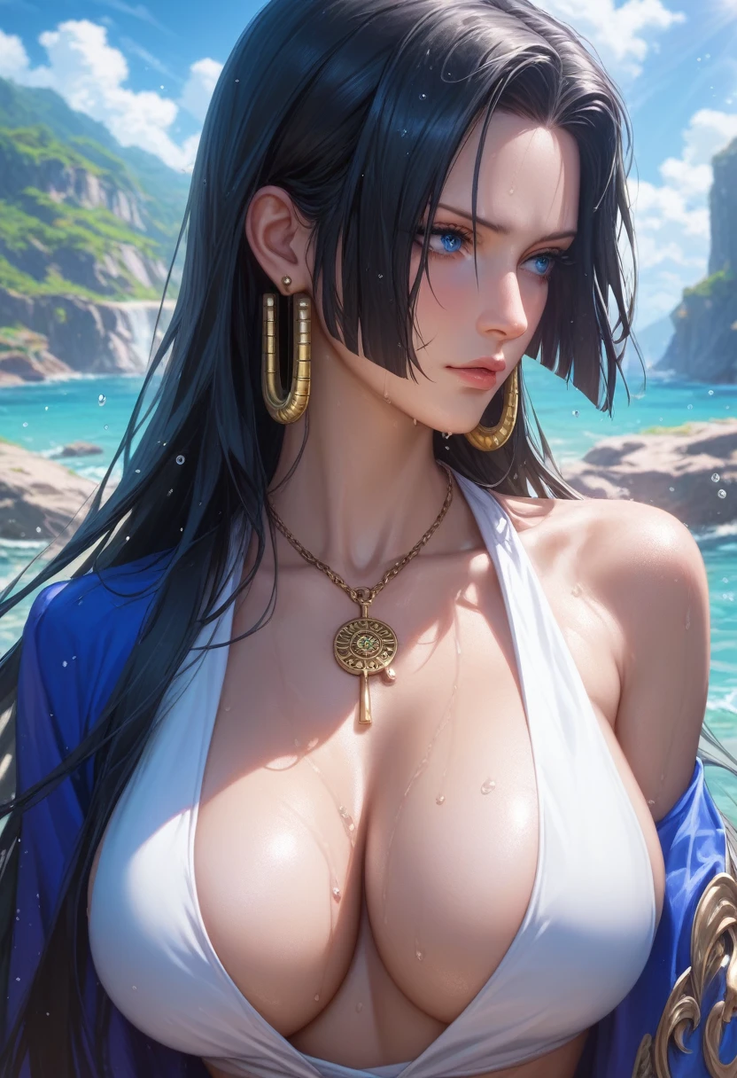 (((完美shape,shape,alone, (((Calvin Klein gray underwear、necklace、Snake piercing))),(((sauce_anime, Boa Hancock, Black Hair, blue eyes, Long Hair,、 amount, Large Breasts))),((masterpiece))、High resolution。 ((Best quality at best)),masterpiece,quality,Best quality,(((Perfect looks、Detailed face、Detailed eyes、Exquisite facial features,Looking away、There is light in the eyes,(((shame、Sweating profusely、Numerous water droplets all over the body、I'm embarrassed and my face is red、Ahegao))),))),型shape:1.7))),(((Cinematic lighting、Huge breasts))),(((Top view,Cowboy Shot、The background is a single pastel color)))、(nsfw:1.7)、There is a in the panties、My body is trembling、Blue electric effect