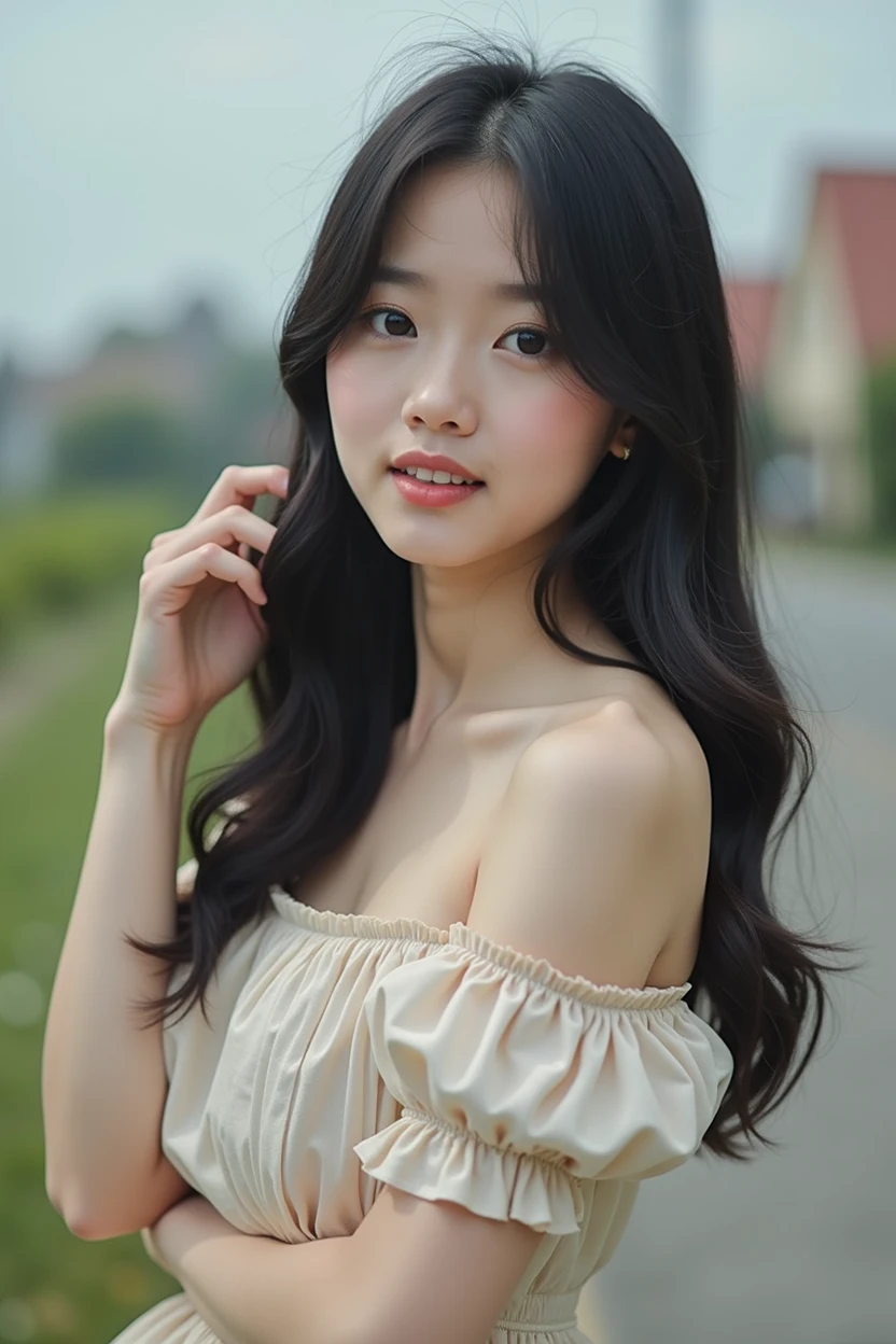 Real Korean girl wearing a short dress and her hair is black and long