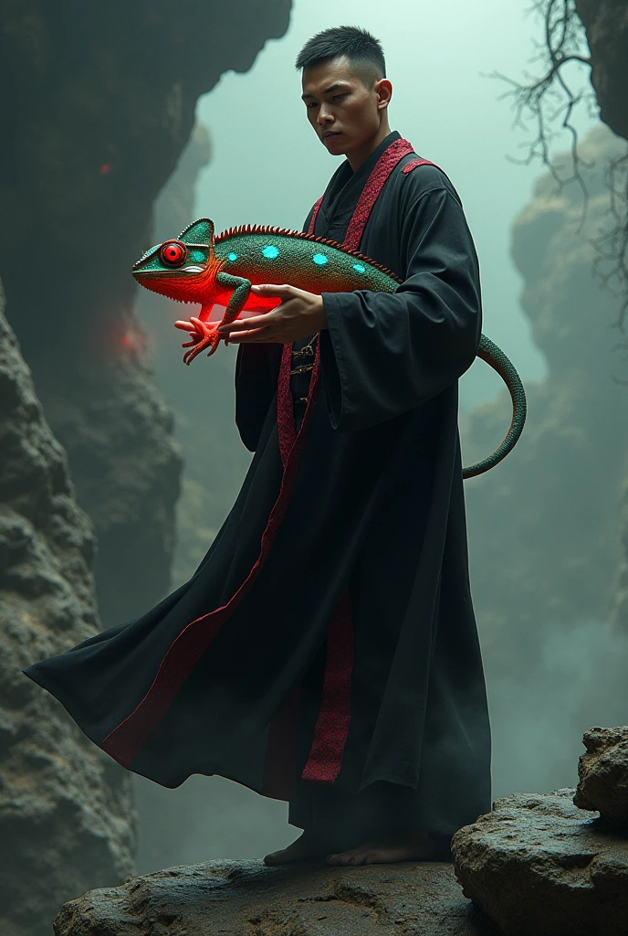 a 25 year old Indonesian man with short undercut hair, wearing a black robe with red details, appears to be standing on a rock, holding a chameleon with fierce red eyes, and beside him is a demons figure whose facial expression looks surprised