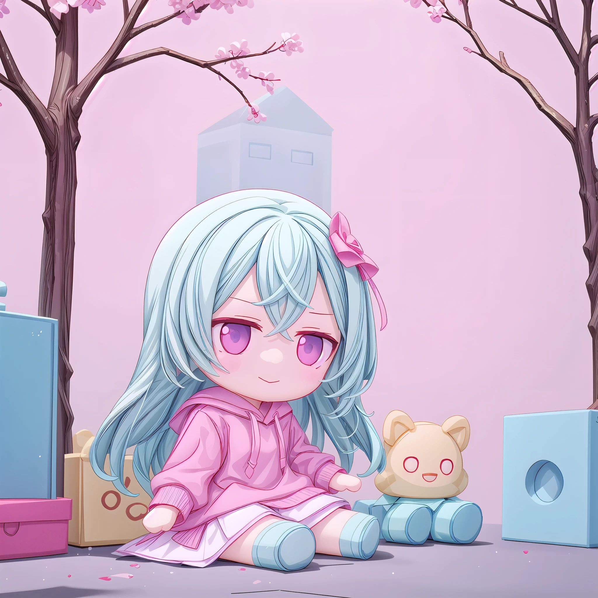 1loli，Light blue long hair，Pink Eyes，Pink sweatshirt，Sitting on the ground，Ragdolls，Corner