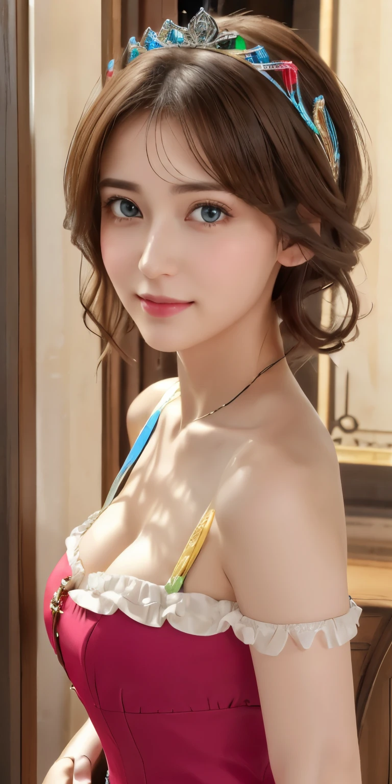 Browsing Caution、16K、Photorealistic、Highest quality、masterpiece、Ultra-high resolution、RAW Photos、Realistic、Bright lighting、Face Light、Smooth Professional Lighting、looking at the camera、alone、Adult female、Beautiful woman、Super beautiful woman、(Realistic肌、Moisturized Skin)、Realistic eyes and faces、(Perfect model body shape)、(Beautiful Eyes、Big eyes)、Inconspicuous tear bags、slim、Medium sized big breasts、Very good、My nipples are pushing up my shirt、Camel Toe、pubic hair、Very short hair、((Black Hair、black eye))、seems to be happy、Beautiful hip line、(Upper body, including the crown of the head)、(((Colorful Victorian dress)))、((Colorful princess dress))、Gorgeous dress、palace、palace、