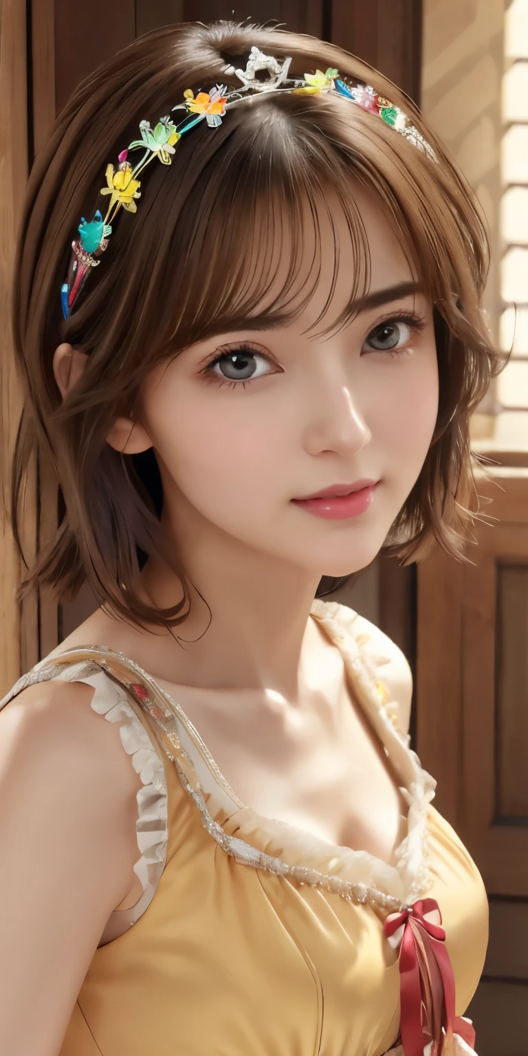 Browsing Caution、16K、Photorealistic、Highest quality、masterpiece、Ultra-high resolution、RAW Photos、Realistic、Bright lighting、Face Light、Smooth Professional Lighting、looking at the camera、alone、Adult female、Beautiful woman、Super beautiful woman、（Realistic肌、Moisturized Skin）、Realistic eyes and faces、（Perfect model body shape）、（Beautiful Eyes、Big eyes）、Inconspicuous tear bags、slim、Medium sized big breasts、Very good、My nipples are pushing up my shirt、Camel Toe、pubic hair、Very short hair、((Black Hair、black eye))、seems to be happy、Beautiful hip line、（Upper body, including the crown of the head）、(((Colorful Victorian dress)))、((Colorful princess dress))、Gorgeous dress、palace、palace、