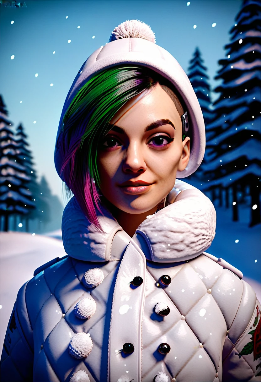 score_9, score_8_up, score_7_up, 3d, 1girl, solo, judy alvarez, winter clothes, winter coat, snow, depth of field, portrait, looking at viewer, snowing,