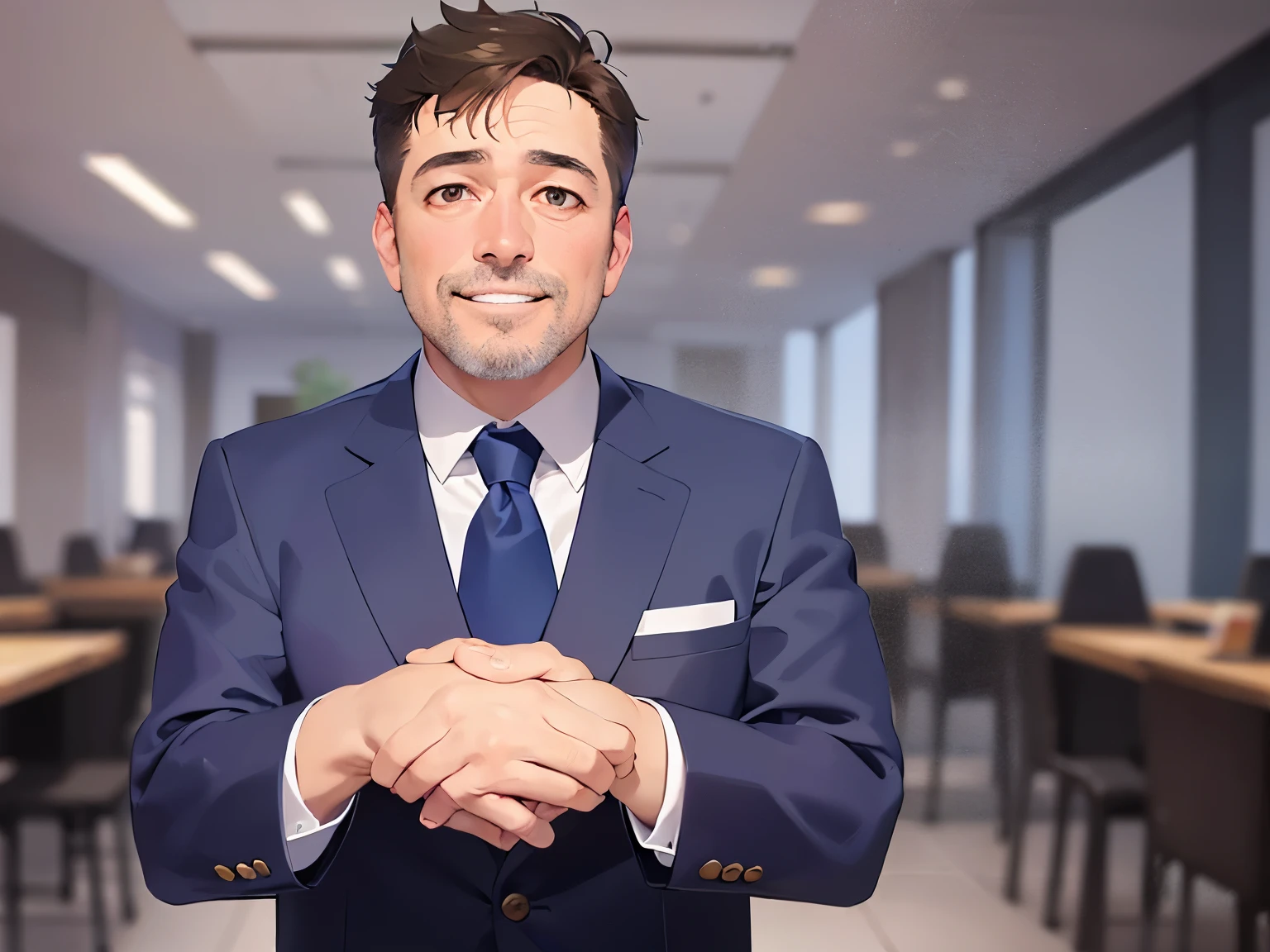 Raising hand, (grin:1.2), open mouth, dutch angle, masterpiece、high quality、(A 50-year-old man with brown short hair and brown eyes.:1.5)、Wearing a grey suit、 The background is the conference room、Alone、Bold composition、Sitting