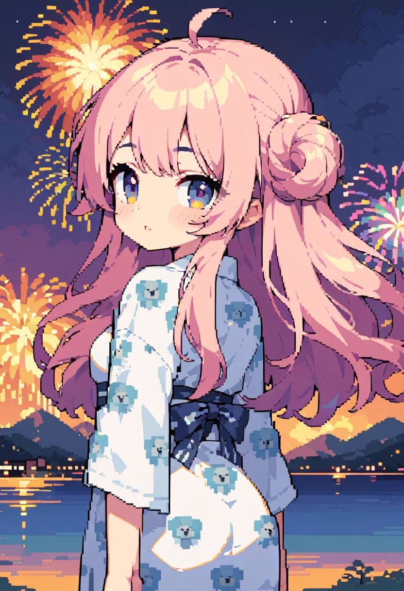masterpiece, Highest quality, 8k, Pixel art, Pixel art, Vivid, Sheep, woman, 若いwoman, cute, Turning his back, Directed at an angle, Fluffy hair, Long Hair, Hair like sheep's hair, Pink Hair, eyebrow, 太いeyebrow, Sheep pattern yukata, Fireworks display, Fireworks are going off, Large-flowered fireworks, night, From the top of the hill