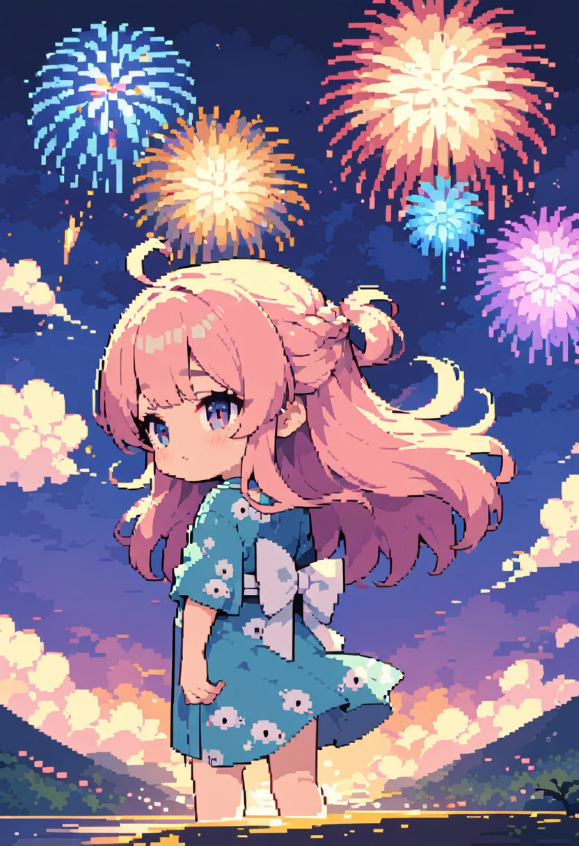 masterpiece, Highest quality, 8k, Pixel art, Pixel art, Vivid, Sheep, woman, 若いwoman, cute, Turning his back, Directed at an angle, Fluffy hair, Long Hair, Hair like sheep's hair, Pink Hair, eyebrow, 太いeyebrow, Sheep pattern yukata, Fireworks display, Fireworks are going off, Large-flowered fireworks, night, From the top of the hill