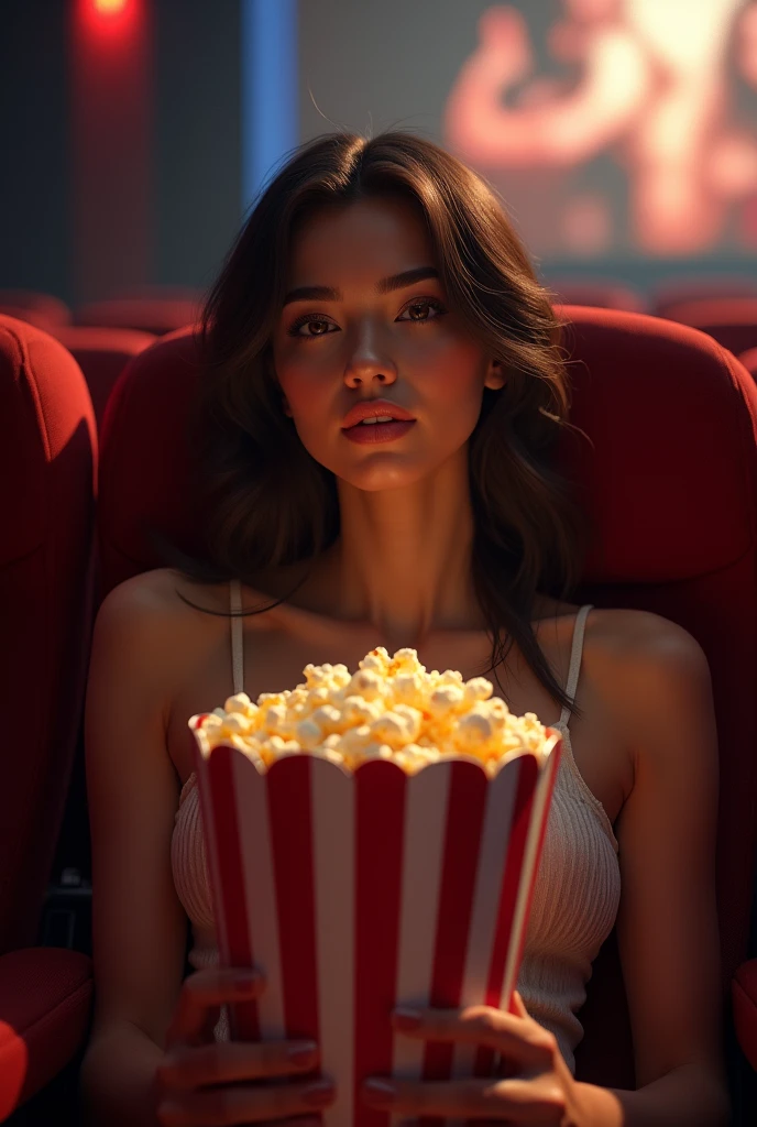 (photorealism:1.2), beautiful woman, sitting in the cinema with popcorn in hands