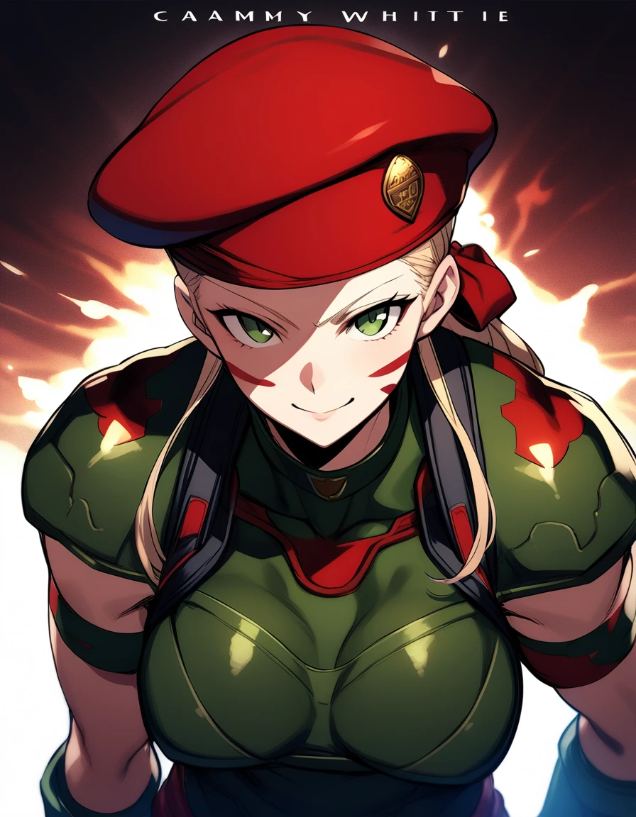 CAMMYEpic CG masterpiece, from Capcom game Street Fighter, cammy, Cammy White (character name), red beret, camouflage face paint, confident smile,
