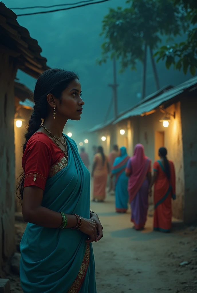A woman wearing a red blouse and a light blue saree with a green bangle was staring at ಮೆ village women in night