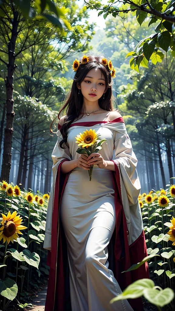 A one shining sunflower in the middle of a silent night forest, the light of a flower, the beauty of fantasy