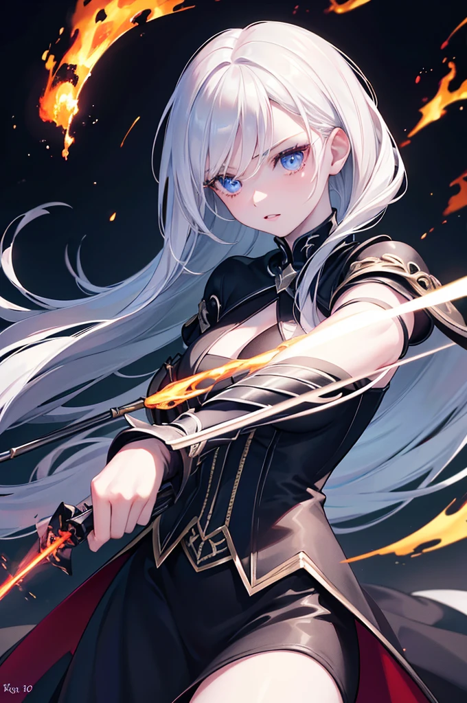 A woman with medium white hair and pale skin, wearing a black cape, fighting with a flaming rapier in an epic pose, against an epic background, (best quality,4k,8k,highres,masterpiece:1.2),ultra-detailed,(realistic,photorealistic,photo-realistic:1.37),detailed eyes,detailed lips,extremely detailed face,long eyelashes,fantasy,cinematic lighting,dramatic shadows,vibrant colors,dynamic composition